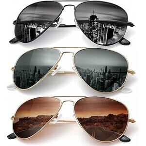 New 3-Pack Kaliyadi Mens Black Brown Gray Classic Aviator UV Blocking Sunglasses